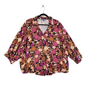 DEMOCRACY Floral Dark Romantic Feminine 3/4 Sleeve Button Up Top SIZE 3X